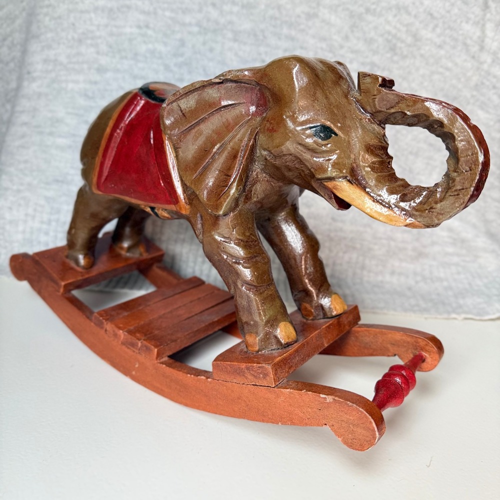 Vintage Elephant Figurine Hand Carved Wood Rocking Hand Painted Folk Art Decor